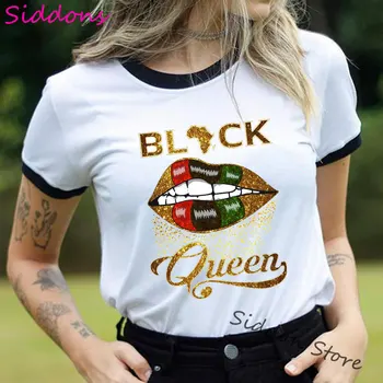 Golden Black Queen Brev Sexiga Läppar Grafiska t shirt Kvinnor Kläder Afrikanska Karta Kvinnliga T-shirt Melanin Poppin Tee shirt Femme