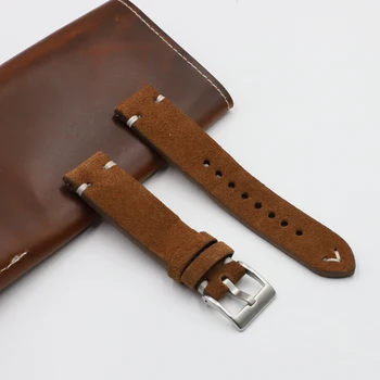 Suede Läder Watchstrap 18 mm 20 mm 22 mm 24 mm Brun Grå Vintage Armband Handgjorda Sy Ersättning för Varje Klocka