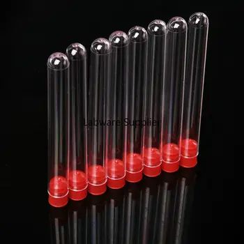 100st 15x150mm Klar Plast provrör med blå/röd propp push cap för typ av experiment och tester