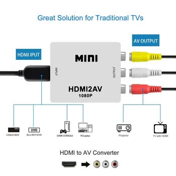 1080P Mini HDMI till VGA-till-RCA AV-Komposit-Adapter-Omvandlare med en 3,5 mm ljudkabel VGA2AV / CVBS + Ljud till PC HDTV-Konverter