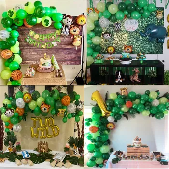 109pcs Djungel Djur Ballonger Krans Safari Tema Party Supplies Barn pojke födelsedagsfest Baby Dusch dekoration Grön Ballong