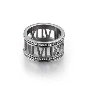 12mm Brett Romerska Siffror Bröllop Datum Strass Ring för Kvinnor Guld Rostfritt Stål dubbel CZ-Kristall Smycken Kvinnliga Ringar