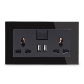 13A Universal Switched-Uttaget 2 USB-Laddning Port För Mobil Produktion 2.1 Ett Vägguttag Kristall Glas Panel Knight Black
