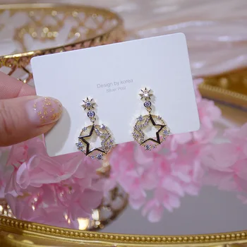 14k Äkta Guld Pläterad Mode Smycken Crystal Runda Star Utsökta Örhängen för Kvinnan Semester Part Eleganta Örhänge