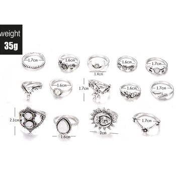 14pcs/set Vintage Sun Moon Ring Set För Kvinnor solros Grenar Geometriska Finger Ringar in Boho Smycken Gåva