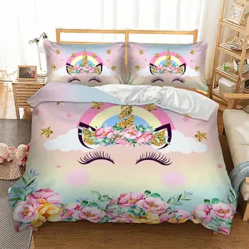 2/3 Delar Blomma Unicorn Sängkläder Set Tecknat Påslakan För Barn Sovrum Säng Täcka Set Home Room Varma Lyxiga Bed Påslakan