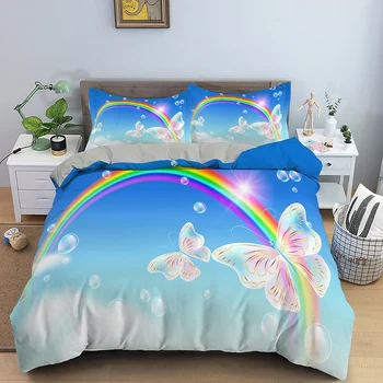 2/3st 3D Galaxy Fjäril Dragonfly Sängkläder Set Rainbow Bedline Mjukt Påslakan för Barn-Sängkläder King /Queen/Full/Dubbel Storlek