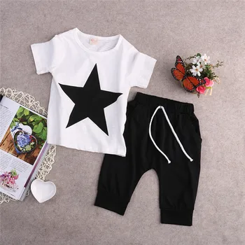 2-7år Pojkar och Kläder Ligger Pentagram Star Print T-Shirt För Pojkar Toppar Svarta Långa Byxor Boys som Barn Barn Spädbarn Kläder