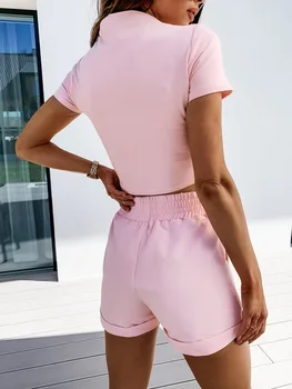 2 Bit Uppsättningar Dam Kläder Mode tvådelade Crop Top och Korta Set för Kvinnor Sommar 2020 Casual Svart-Rosa Outfit Matchande Set