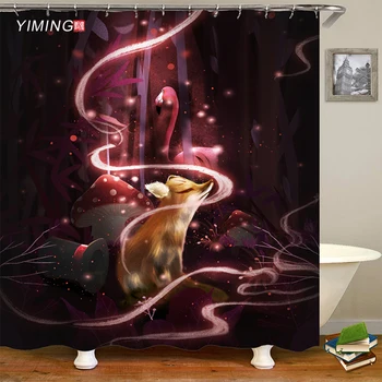 200x180cm badrum vattentät dusch gardin söta djur fox utskrift polyester heminredning gardin med krok