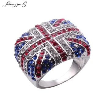 2017 Nya Mode Union Jack Trasa Ringar Silver, Österrikiska Kristall BRITTISKA Flaggan Finger Ring för män förlovningsring Storlek 7-12