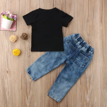2019 Barn Barn Pojkar Kläder Svarta T-Shirts Topp+Denim Byxor, Slitna Jeans Kläder Ställ Barn Kläder