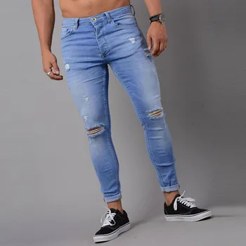2019 Mens Skinny Jeans Svart Nödställda Denim Stretch Jeans Män Hombre Slim Fit Mode Elastisk Midja Hål Bottoms3.22