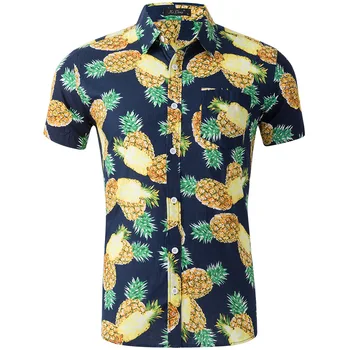 2019 Mode Regular Fit Mens Bomull kortärmad Hawaii Skjorta Sommaren Casual Blommiga Tröjor Män Plus Size S-XXL Semester Toppar
