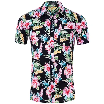 2019 Mode Regular Fit Mens Bomull kortärmad Hawaii Skjorta Sommaren Casual Blommiga Tröjor Män Plus Size S-XXL Semester Toppar