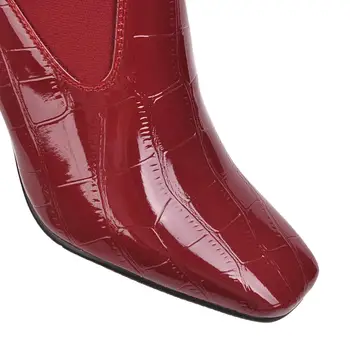2019 Nya Ankomst Mode Skor Kvinnor Stövlar Elastiska Patent Läder Boots med fyrkantigt huvud Låg Klack Stövlar Kvinnliga Sexiga Stövlar