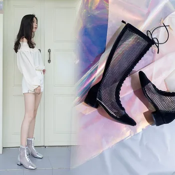 2019 Nya Mode för Kvinnor knähöga Stövlar Square högklackat Sexig Lace Sommaren kvinnor Mesh Stövlar Andas Kvinnor Skor
