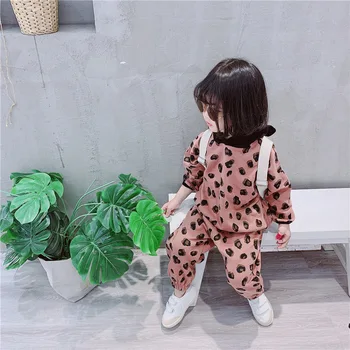 2019 Våren Hösten flickor mode leopardmönster uppsättningar kläder i ren bomull med lång ärm tröjor+ casual byxor 2st passar