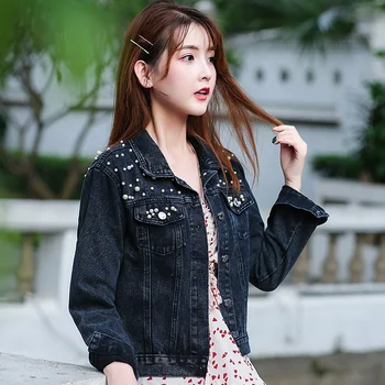 2019 Våren Pearl Beading Gröda Denim Jackor Kvinnor 5Xl Casual Jeans Bomber Jacka med Lång Ärm Denim Päls koreanska Plus-Storlek