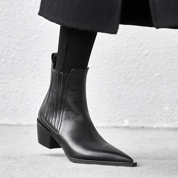 2019 Vårens/Höstens Nya Svarta Boots för Kvinnor Microfiber Läder Tjock Hög Klack 5 cm Spetsig Tå Dragkedja Stövlar Kvinnor Skor