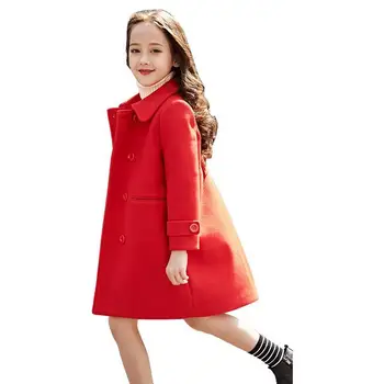 2019 Vårens Mode Höstens Nya Tjejer Röd Ull Dubbelknäppt Kappa Jackor Barn Tjock Varm Koreanska Outwear Teenage Kläder W162