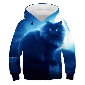 2020 3D Tecknade djur Katt Pojkar Sweatshirts för Små Barn Hoodies Kläder 4-14 År Hösten Vintern Barn långärmade Tröjor