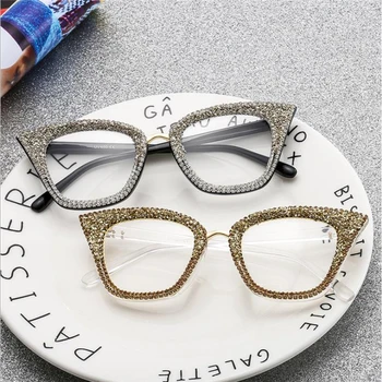2020 Crystal Cat Eye Glasögon Ram kvinnor Mode diamond Transparenta glas unik lyx
