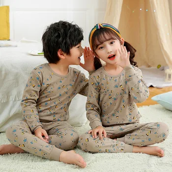 2020 Höst Vinter Nya Pojkar Flickor Pyjamas Set Underkläder Passar Bomull med Lång Ärm Termisk Fritid Toppar och Byxor Kid Sleepwear