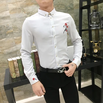 2020 Hösten Nya Mens Steg Shirt koreanska Casual Mode för Män Broderier Shirt långärmad Slim Fit Broderier Mens Skjorta