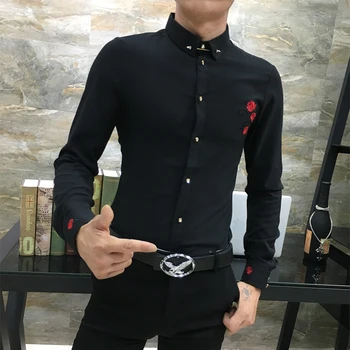 2020 Hösten Nya Mens Steg Shirt koreanska Casual Mode för Män Broderier Shirt långärmad Slim Fit Broderier Mens Skjorta