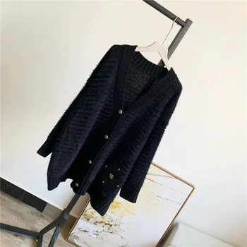 2020 Hösten Nya Svarta Kors Läder Etiketten Cardigan Mid-Längd Sweater Coat Kvinnor