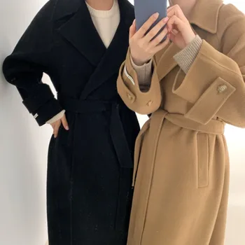 2020 Korea Kvinnor Vinter Elegant Kort Och Lång Ull Päls Jacka Midjebälte Ull Överrock Split Hem Kofta Som Ytterplagg Kappa