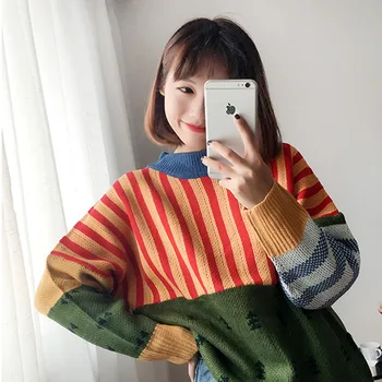 2020 Koreanska Nya Vinter Tröjor Kvinna Vintage Hit Färgen Stripe Lös Alla-Match Tröja Kawaii Tröja Kvinnliga Avslappnade Hoppare