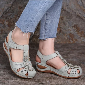 2020 Kvinnor Damer Skor Vrist Ihålig Rund Tå Ihåliga Ut Sandaler med Mjuk Botten och Tunga Skor Zapatos De Mujer Bekväm