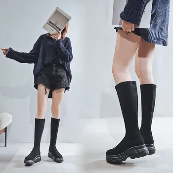 2020 Mode För Kvinnor Stövlar Våren Vintern Smal Knä-Hög Kvalitet Suede Lång Komfort Square Botines Mujer Lårhöga Stövlar