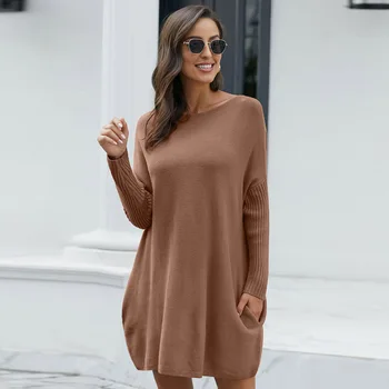 2020 Mode Lös Mid-längd Tröja Kvinnor Ytterkläder Tröja Stickad Tröja Hösten och Vintern Och det Nya O-neck Lång Ärm Kläder