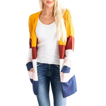 2020 Mode Randig Lång Cardigan Kvinnor Faller Vintern Lång Ärm Kontrast Färg Stickad Cardigan Tröjor, Kappor Kvinnliga Kläder
