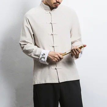 2020 Män Bomull Linne Tang-Shirts för Män lång Seeve Tai Chi Han Passa Kinesiska shirt manliga Kung Fu bottna-Shirt