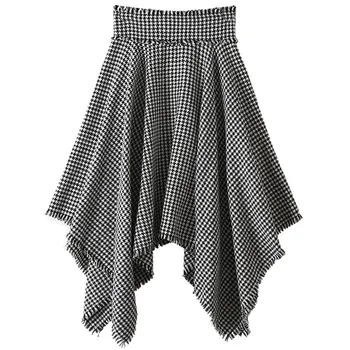2020 Ny Höst Vinter Bana Mode Hög Midja Houndstooth Asymmetrisk Tweed Ull Kjolar Kvinnor