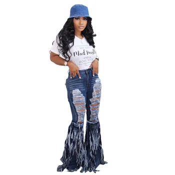 2020 ny kvinna slet utsvängda jeans mode tofs denim långa byxor, casual hipster jeans S-3XL drop shipping