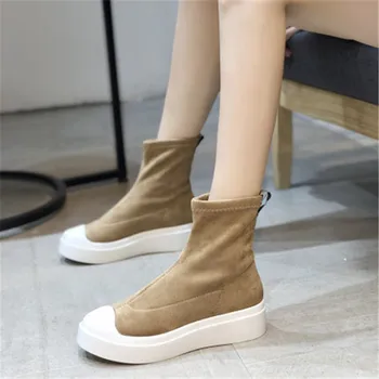 2020 Nya Chunky Skor Kvinnor Flockas Boots Plattform Stretch Tyg Tossor Ladies Vintern Kort Mjuka Stövlar Zapatos De Mujer