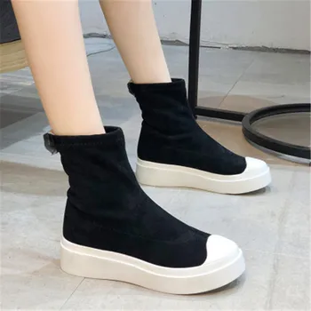 2020 Nya Chunky Skor Kvinnor Flockas Boots Plattform Stretch Tyg Tossor Ladies Vintern Kort Mjuka Stövlar Zapatos De Mujer