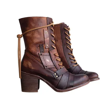 2020 Nya Kvinnor på Vintern Utomhus Lace-up Ankel Boots Dam Square Hälen PU Boot Plus Size 35-43 Casual Tossor Kvinna Zapatos Mujer