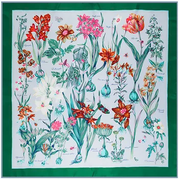 2020 Nytt Varumärke Sjal Röd sidenscarf Hyacint Blommor 130 cm Square Halsdukar Skriva ut Sjalett Bandana Kvinna Pannband Hijab