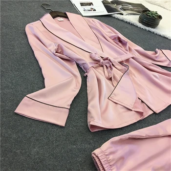 2020 Satin Siden Sexiga Pyjamas Set för Kvinnor Passar Rosa Hem Sleepwear Natten Lång Ärm Loungewear 2st Kläder Byxa