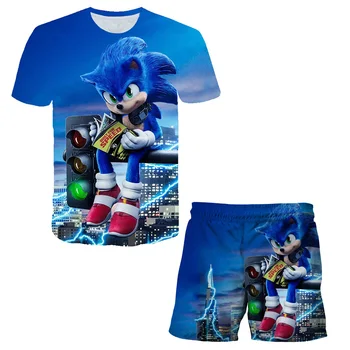 2020 Sommaren 2-delat Set 3D-Sonic the Hedgehog Boys T-Shirt Tecknad Barn Passar T-Shirt Barn Kläder Streetwear Tonåring Passar