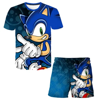 2020 Sommaren 2-delat Set 3D-Sonic the Hedgehog Boys T-Shirt Tecknad Barn Passar T-Shirt Barn Kläder Streetwear Tonåring Passar