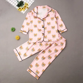 2020 Unge Pojke Flicka Silk Satin Pyjamas Set Djur Print Lång Ärm Sleepwear Nattkläder Outfit 2st Kläder Set 1-7Y