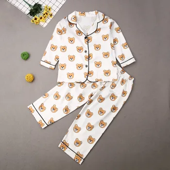 2020 Unge Pojke Flicka Silk Satin Pyjamas Set Djur Print Lång Ärm Sleepwear Nattkläder Outfit 2st Kläder Set 1-7Y