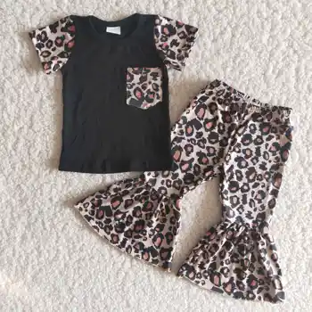 2021 Nya Baby Flickor Kläder Satt Leopard Short Sleeve Top Bell-Bottom Barn Barn Slitage